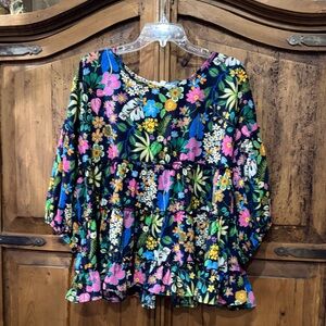 easel Floral Tiered Peplum Blouse in Navy Multi